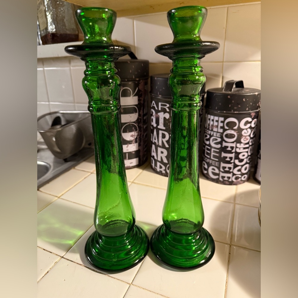 Vintage Italian Green Glass Candlestick Holder Made In Italy